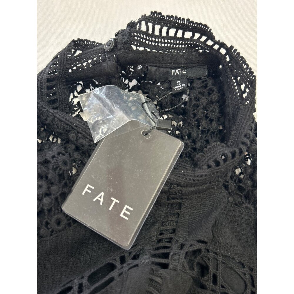 Fate Black Sleeveless Tiered Maxi Dress Lace Crochet Raw Hem Boho - Picture 7 of 13